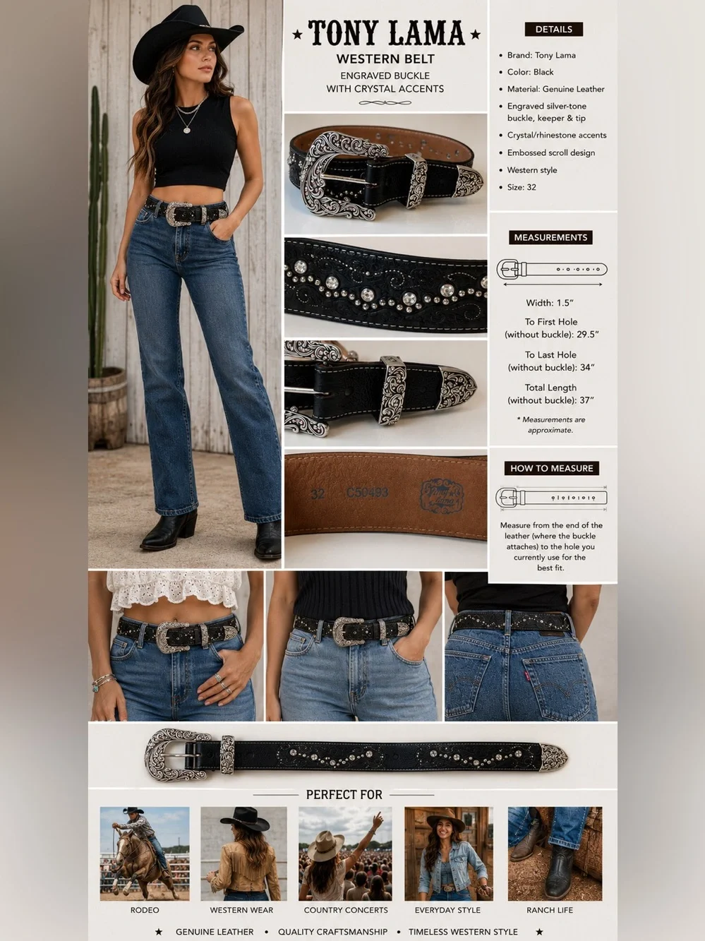 Tony Lama Black Leather Western Belt Crystal Silver Buckle Size 32 1.5